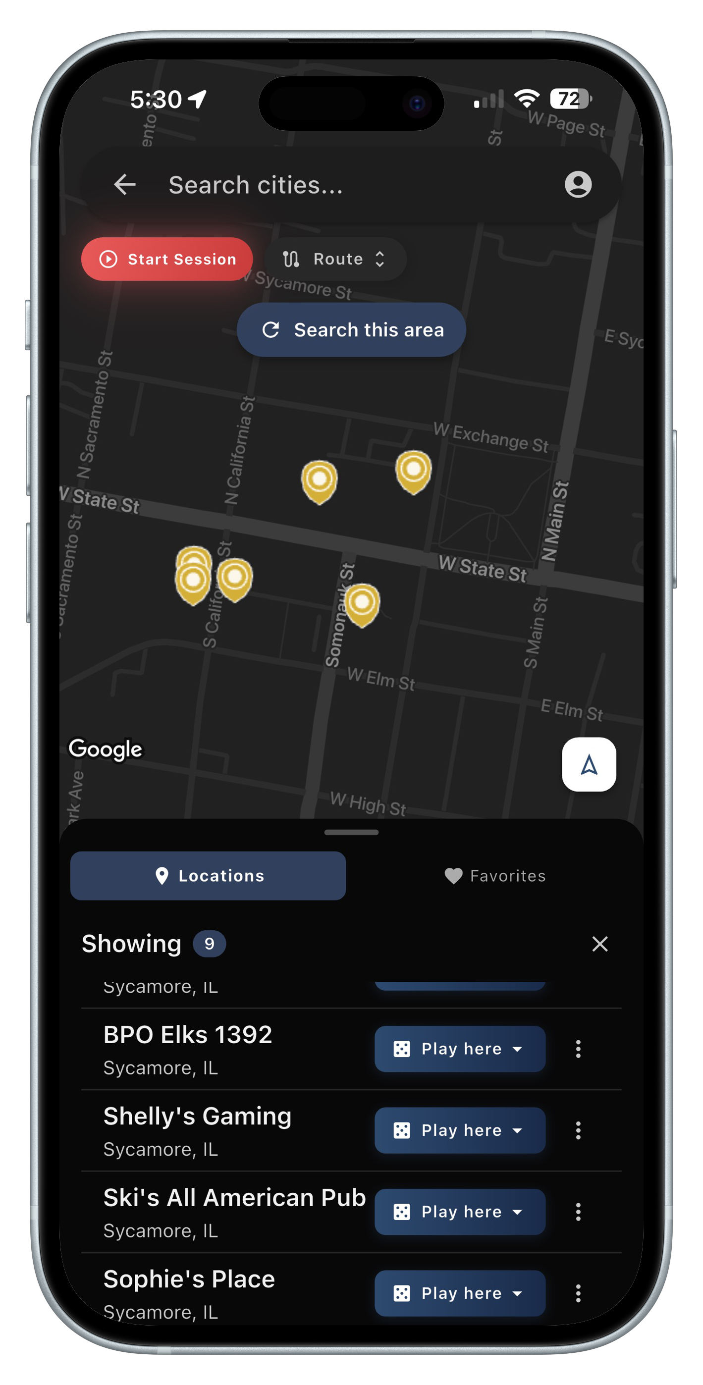 SlotNearMe Map View showing location pins and interactive map